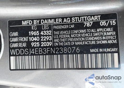 2015 Mercedes-Benz Cla 250 from USA, damaged, VIN WDDSJ4EB3FN238076